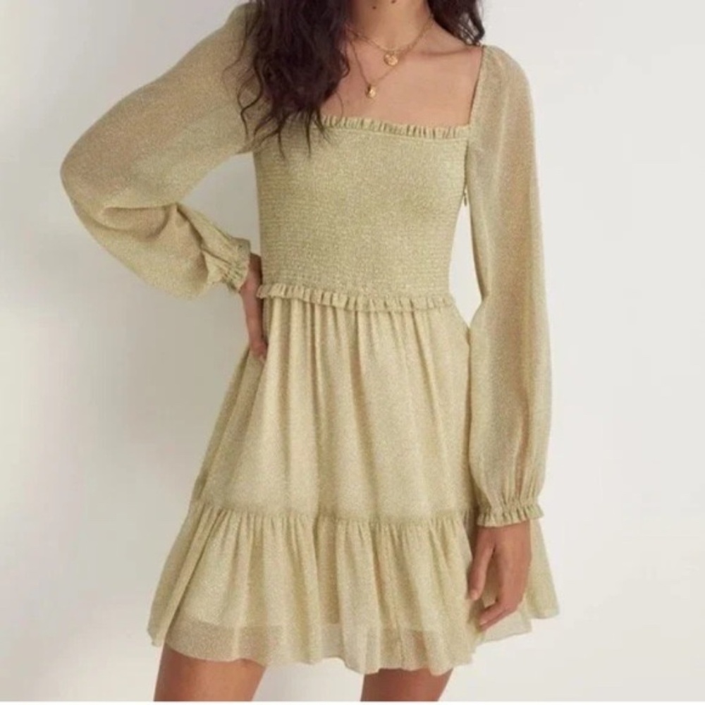 Aritzia Wilfred Tempest Smocked Birch/Marsh Green Long Sleeve‎ Mini Dress Sz S